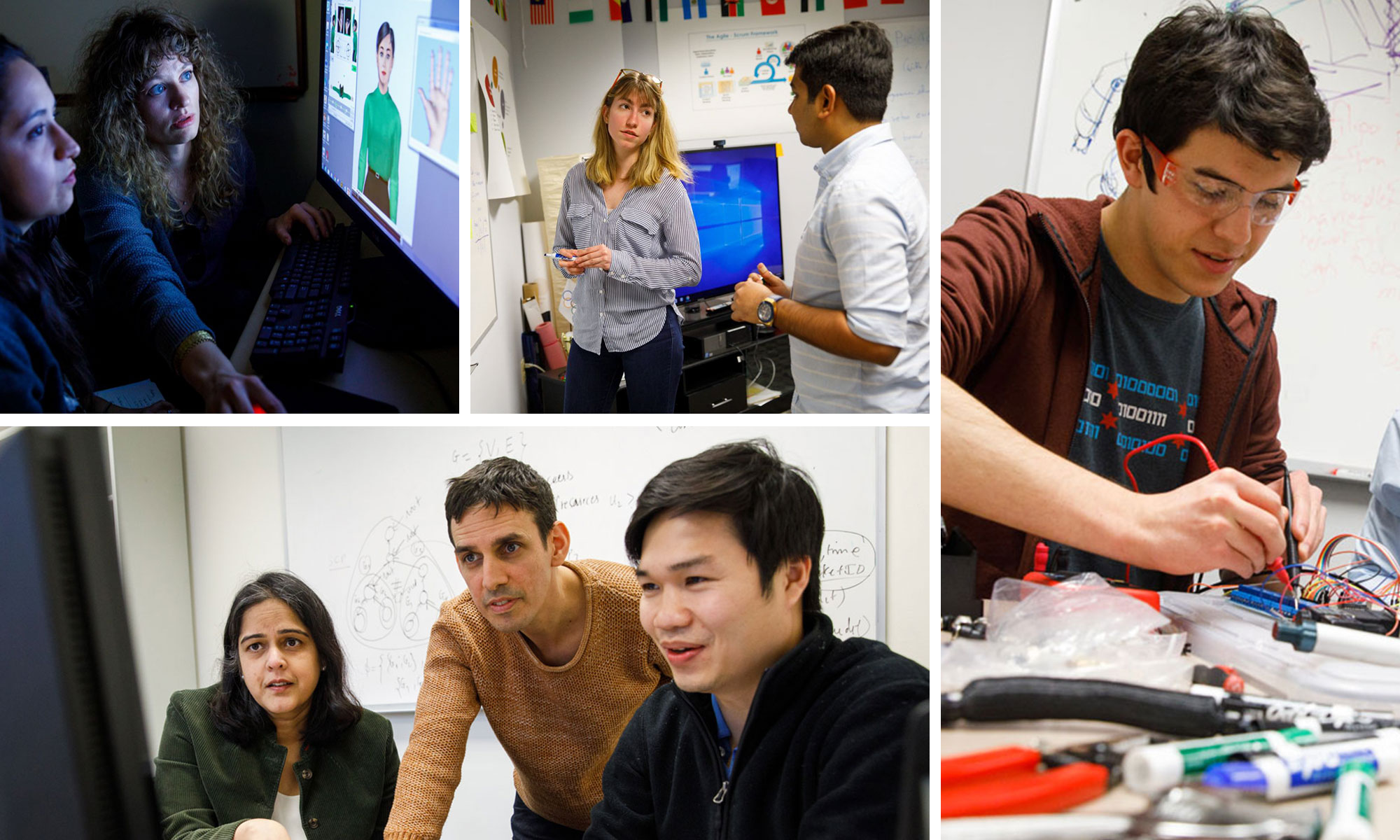 collage of 4 images of students working together in different rooms