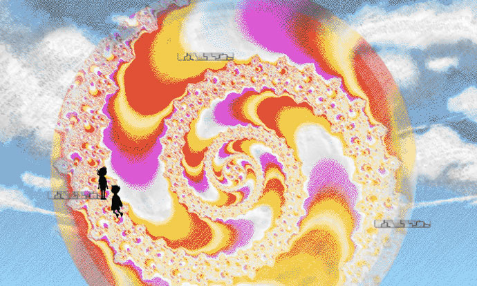 2 human silhouettes near an encompassing trippy spiral